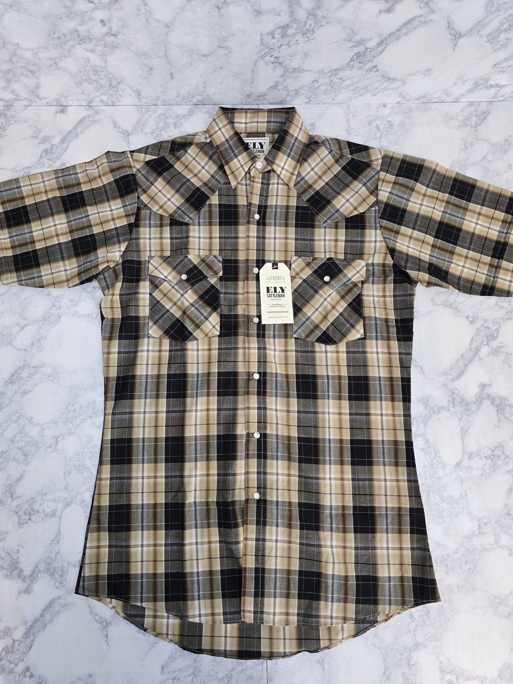 Ely Cattleman Tan and Black Plaid Short Sleeve Western Shirt Small